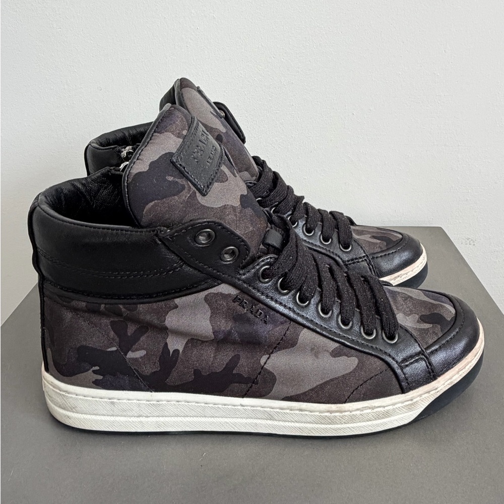 Women’s PRADA black/grey Camo high-top Sneaker, nylon/leather, size 38 (US 8)